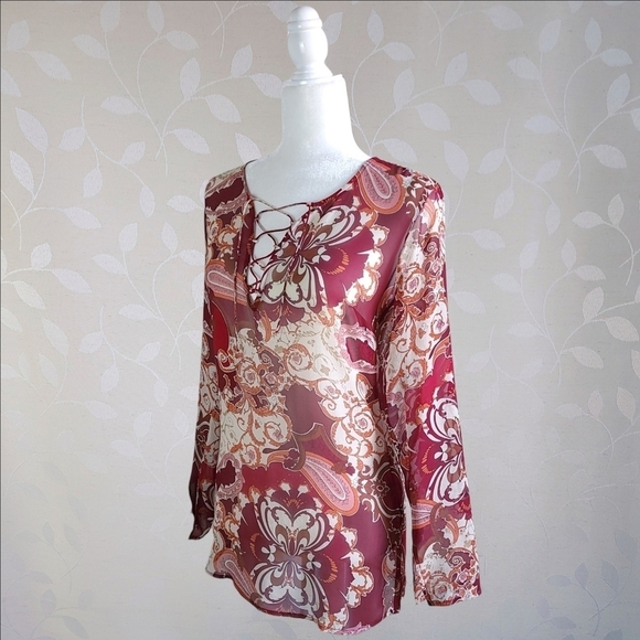 Vintage 90s Silk Retro Paisley Print Sheer Lace Up Tunic Top Red Orange XS - Picture 8 of 16